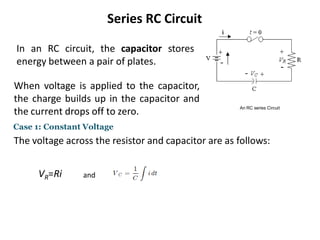 Series RC Circuit
An RC series Circuit
In an RC circuit, the capacitor stores
energy between a pair of plates.
Case 1: Constant Voltage
The voltage across the resistor and capacitor are as follows:
VR​=Ri and
When voltage is applied to the capacitor,
the charge builds up in the capacitor and
the current drops off to zero.
 