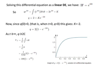 Solving this differential equation as a linear DE, we have:
So
Now, since q(0)=0, (that is, when t=0, q=0) this gives: K=−2.
As t→∞, q→2C
 