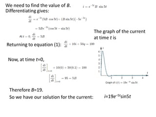 Now, at time t=0,
Therefore B=19.
Returning to equation (1):
Differentiating gives:
We need to find the value of B.
So we have our solution for the current: i=19e−5tsin5t
The graph of the current
at time t is
 