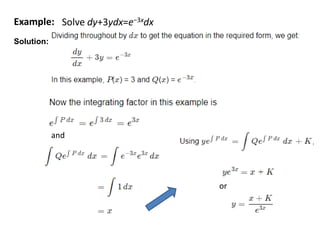 and
or
Solve dy+3ydx=e−3xdxExample:
Solution:
 