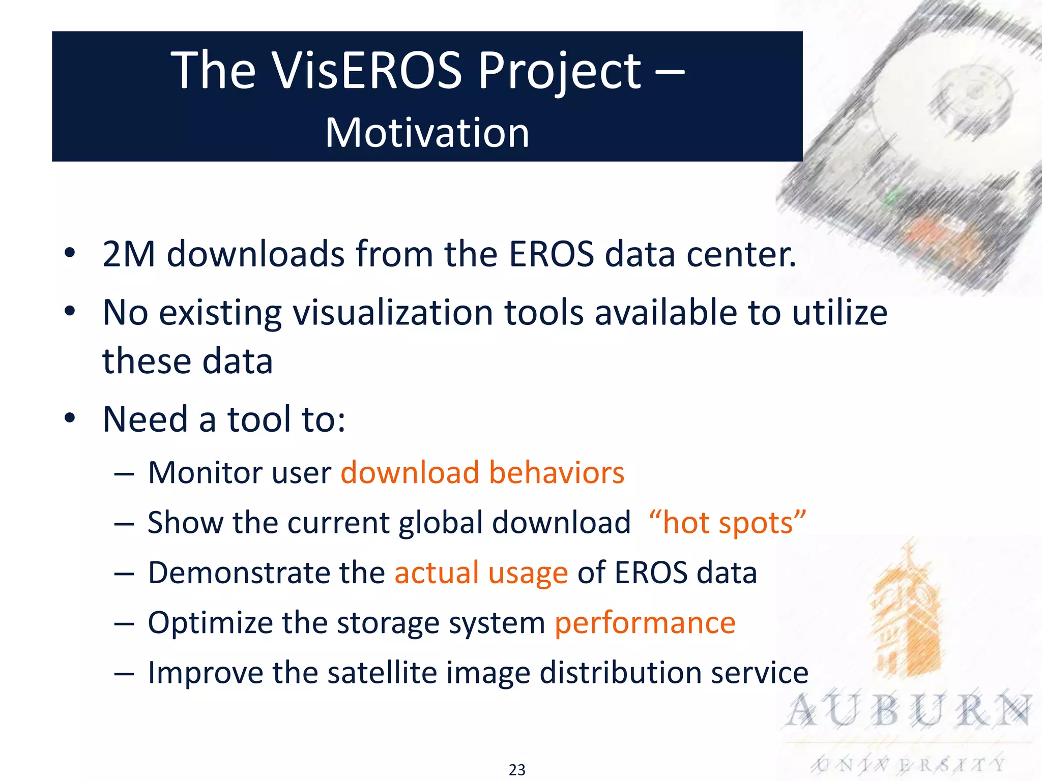 The VisEROS Project –
                   Motivation

• 2M downloads from the EROS data center.
• No existing visualization tools available to utilize
  these data
• Need a tool to:
   –   Monitor user download behaviors
   –   Show the current global download “hot spots”
   –   Demonstrate the actual usage of EROS data
   –   Optimize the storage system performance
   –   Improve the satellite image distribution service

                                 23
 