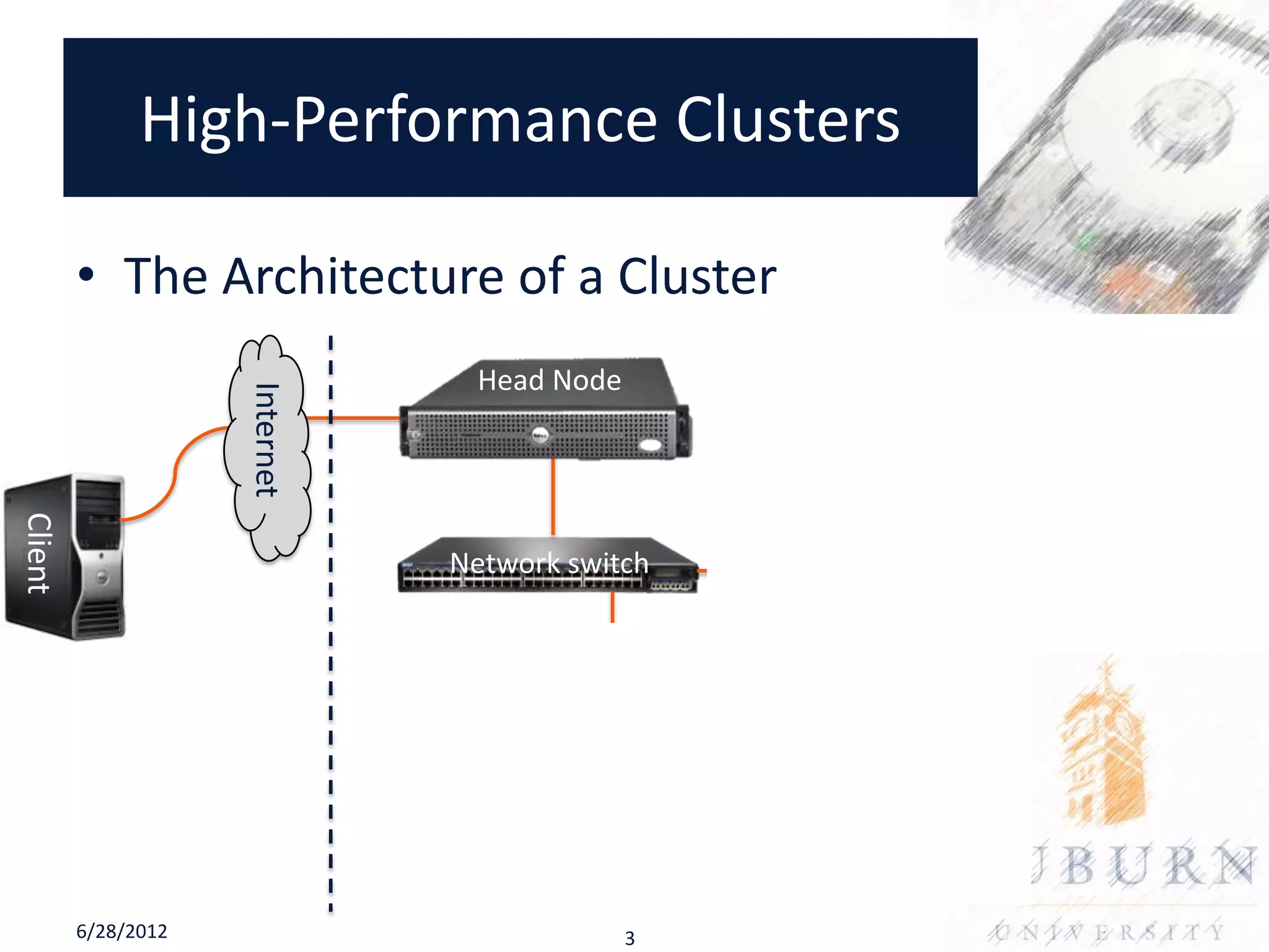 High-Performance Clusters

         • The Architecture of a Cluster
                                                          Storage subsystems
                                       Head Node       (or Storage Area Network)
                     Internet
Client




                                     Network switch




                                Computing
                                Nodes
         6/28/2012                                 3
 