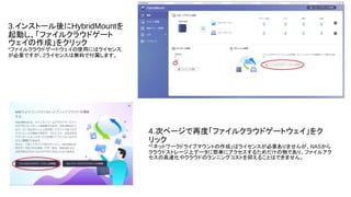 3.インストール後にHybridMountを
起動し、「ファイルクラウドゲート
ウェイの作成」をクリック
*ファイルクラウドゲートウェイの使用にはライセンス
が必要ですが、2ライセンスは無料で付属します。
4.次ページで再度「ファイルクラウドゲートウェイ」をク
リック
*「ネットワークドライブマウントの作成」はライセンスが必要ありませんが、NASから
クラウドストレージ上データに簡単にアクセスするためだけの物であり、ファイルアク
セスの高速化やクラウドのランニングコストを抑えることはできません。
 