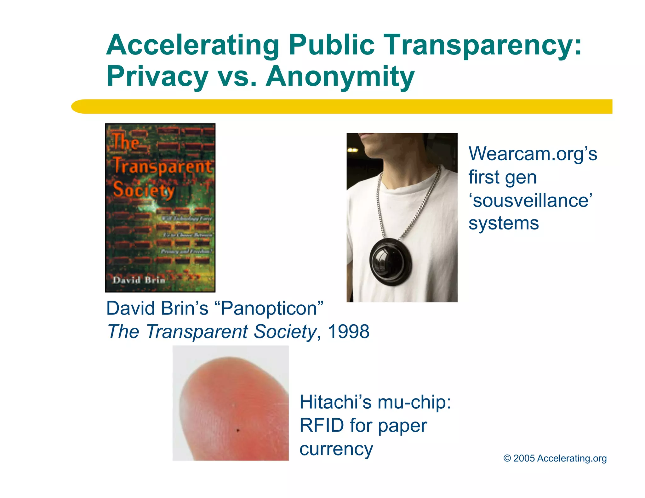 Accelerating Public Transparency:
              Privacy vs. Anonymity

                                                        Wearcam.org’s
                                                        first gen
                                                        ‘sousveillance’
                                                        systems



              David Brin’s “Panopticon”
              The Transparent Society, 1998


                                   Hitachi’s mu-chip:
                                   RFID for paper
Los Angeles
Palo Alto                          currency                 © 2005 Accelerating.org
 