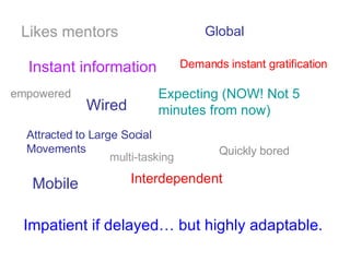 Demands instant gratification Impatient if delayed… but highly adaptable. Instant information Attracted to Large Social Mo...