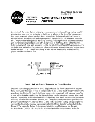 PREFERRED
RELIABILITY
PRACTICES
PRACTICE NO. PD-ED-1223
PAGE 2 OF 8
VACUUM SEALS DESIGN
CRITERIA
Dimensional. To obtain the correct degree of compression for optimum O-ring sealing, careful
consideration must be given to the size of the O-ring in relation to the size of the groove space
into which the O-ring is being installed. Every groove has a slight gap (diametrical clearance)
between the two mating surfaces forming the groove's internal cavity. It is important, therefore,
for O-ring volume to be larger than the cavity, allowing seal compression to block the diametrical
gap, preventing leakage and providing 25% compression in the O-ring. Butyl rubber has been
tested in face type O-ring seals using grooves that provided 15%, 30% and 50% compression. For
vertical O-ring applications (as a chamber), it is desirable to use an undercut groove similar to that
shown in Figure 1. The O-ring is held firmly in place and has no tendency to drop out of the
groove when the chamber is open.
Figure 1. O-Ring Groove Dimensions for Vertical Position
Pressure. Total clamping pressure on the O-ring due both to the effects of vacuum on the parts
being closed, and the effects of bolts or clamps used with the O-ring, should be approximately 800
pounds per lineal inch of O-ring. If the O-ring cannot resist increasingly high pressure, part of the
O-ring will be forced (extruded) into the diametrical gap, causing tearing, pre-mature failure and
leakage. To minimize O-ring movement and accompanying wear within the groove in face sealing,
involving either internal or external pressure, the O-ring should always be seated against the low
pressure side of the groove. The use of two O-rings on the chamber's sealing surface has proven
successful in holding the required pressure applied on the 15 foot diameter seal as illustrated in
Figure 2. The reason for the two O-ring design is that it is possible to pump out the space
between the two O-rings. The effect of this technique is to make use of the outer O-ring for
 