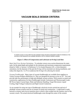 PRACTICE NO. PD-ED-1223
PAGE 6 OF 8
VACUUM SEALS DESIGN CRITERIA
A variation of plus or minus 50% from the predicted values should be anticipated to allow for limitations in the
accuracy of test equipment and available standards, and for variations between samples.
Figure 3. Effect of Compression and Lubricant on O-ring Leak Rate
Static Seal Cross Section Calculation. To calculate correct cross section dimensions for static
seals, list the gland depth and multiply by the minimum and maximum compression requirements
(listed in Table A, Section 3 of Reference 5). For Inside Diameter (I.D., or hole diameter)
calculation, list the diameter of the part the O-ring will be stretched over during installation, and
reduce this figure by 1 to 5% to undersize the O-ring's I.D, allowing for stretch.
Vacuum Feedthroughs. Many types of vacuum feedthroughs are available from suppliers as
Varian Vacuum Products (Reference 6). They are designed for pressure as low as 10 Torr and-11
provide leak-free performance in high and ultrahigh vacuum systems. With ceramic-to-metal seal
construction, applications for these feedthroughs include: Instrument and Thermocouple Leads,
RF Power Input, Coaxial Input, Mask and Substrate Handling, Target Movement, Liquid
Cooling, High Voltage Conduction and High Current Conduction.
As an example for using one type of feedthrough, electrical circuits carried into and out of
ultrahigh vacuum systems must be of ceramic-to-metal seal construction. A tight bond is made
between a ceramic and a kovar transition sleeve which is then welded into the stainless steel of the
vacuum vessels. The actual electrical feedthroughs come through the center of the ceramic
 
