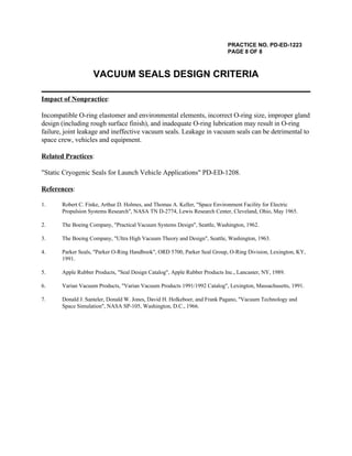 PRACTICE NO. PD-ED-1223
PAGE 8 OF 8
VACUUM SEALS DESIGN CRITERIA
Impact of Nonpractice:
Incompatible O-ring elastomer and ...