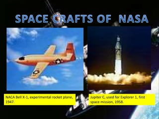 NACA Bell X-1, experimental rocket plane,
1947.
Jupiter C, used for Explorer 1, first
space mission, 1958.
 