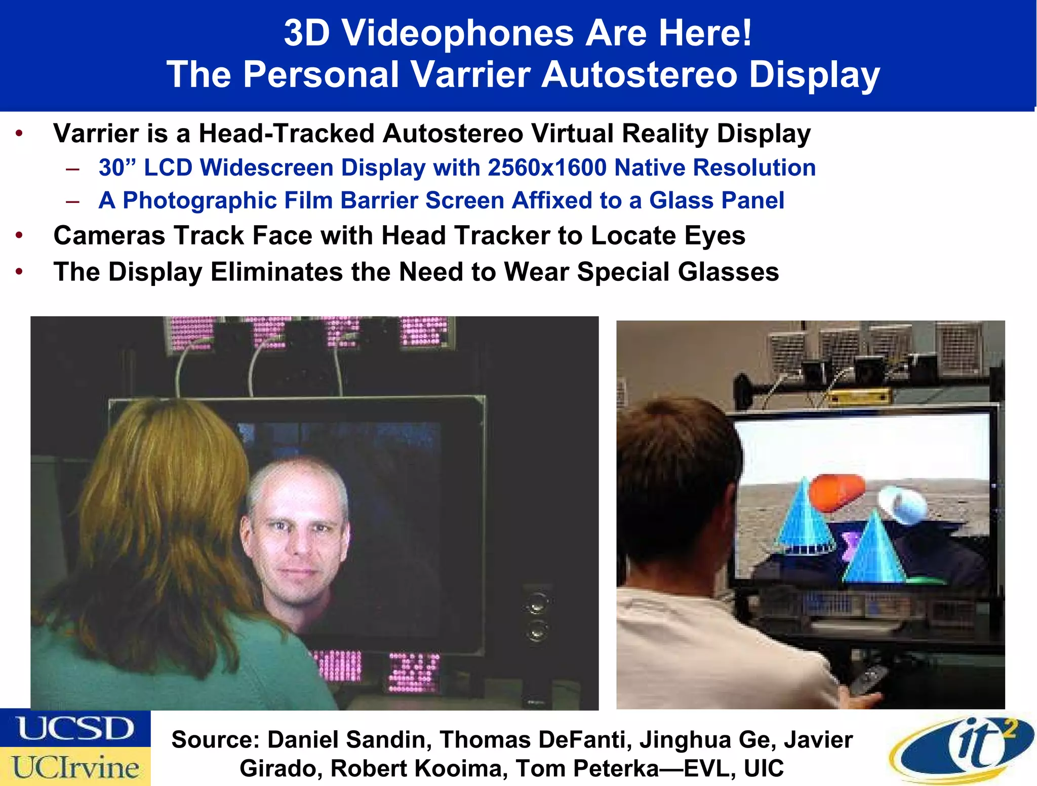 3D Videophones Are Here!  The Personal Varrier Autostereo Display Varrier is a Head-Tracked Autostereo Virtual Reality Display 30” LCD Widescreen Display with 2560x1600 Native Resolution A Photographic Film Barrier Screen Affixed to a Glass Panel  Cameras Track Face with Head Tracker to Locate Eyes The Display Eliminates the Need to Wear Special Glasses Source: Daniel Sandin, Thomas DeFanti, Jinghua Ge, Javier Girado, Robert Kooima, Tom Peterka—EVL, UIC 