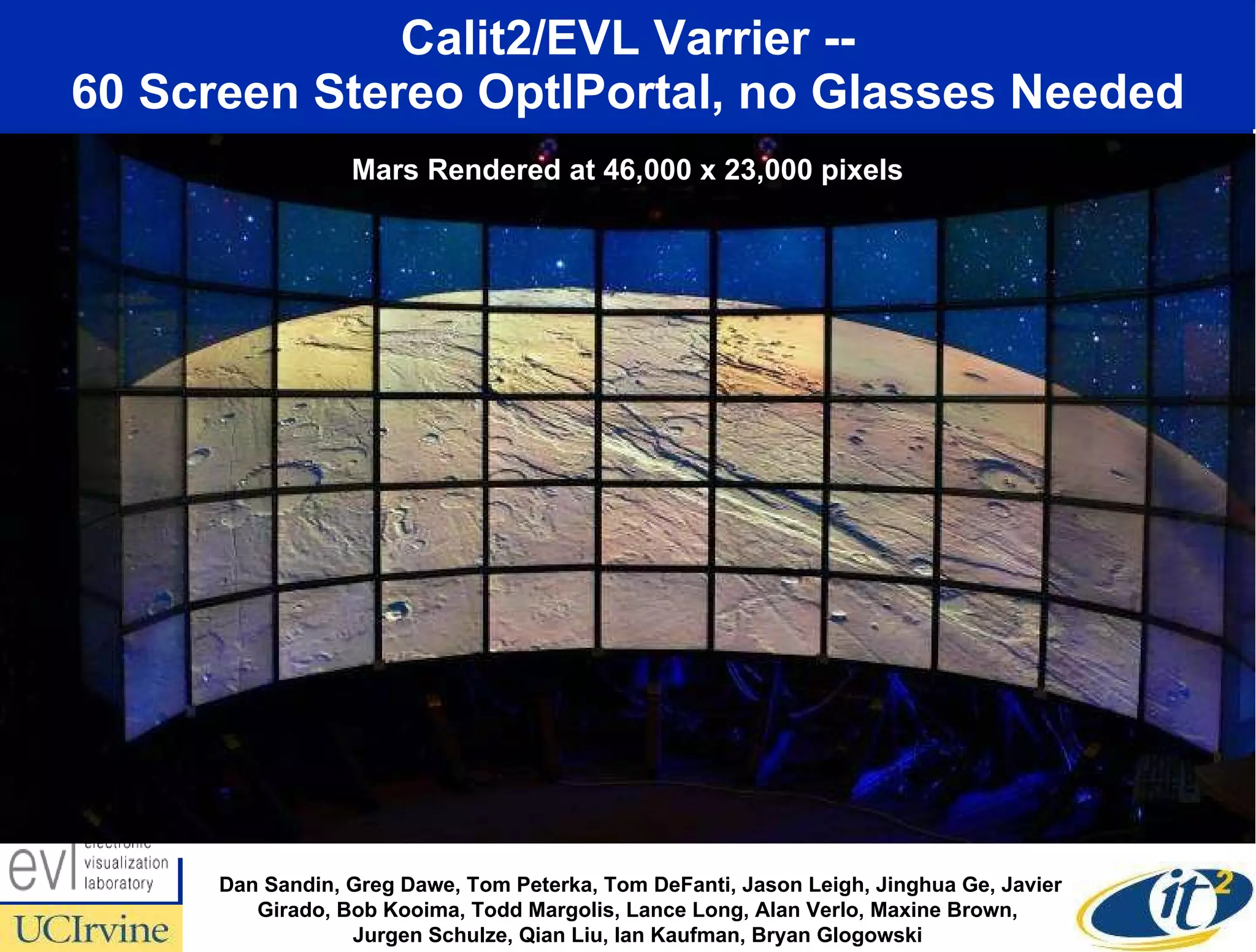 Calit2/EVL Varrier -- 60 Screen Stereo OptIPortal, no Glasses Needed Dan Sandin, Greg Dawe, Tom Peterka, Tom DeFanti, Jason Leigh, Jinghua Ge, Javier Girado, Bob Kooima, Todd Margolis, Lance Long, Alan Verlo, Maxine Brown,  Jurgen Schulze, Qian Liu, Ian Kaufman, Bryan Glogowski  Mars Rendered at 46,000 x 23,000 pixels 
