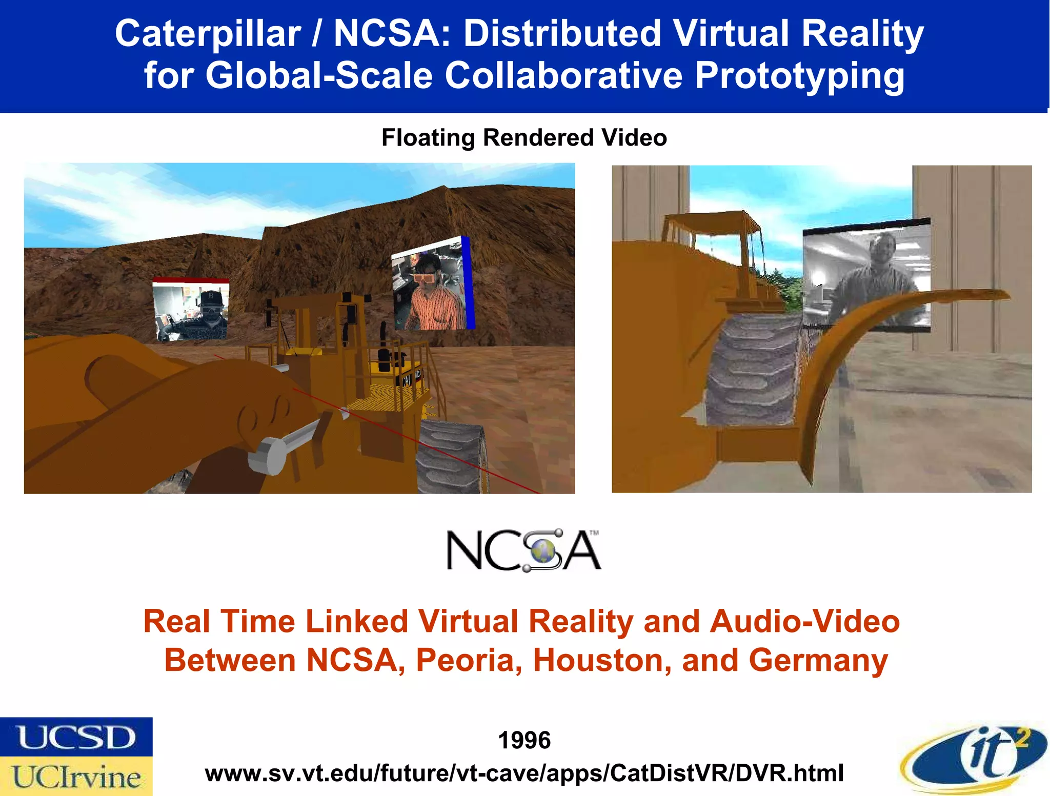 Caterpillar / NCSA: Distributed Virtual Reality  for Global-Scale Collaborative Prototyping Real Time Linked Virtual Reality and Audio-Video  Between NCSA, Peoria, Houston, and Germany www.sv.vt.edu/future/vt-cave/apps/CatDistVR/DVR.html 1996 Floating Rendered Video 