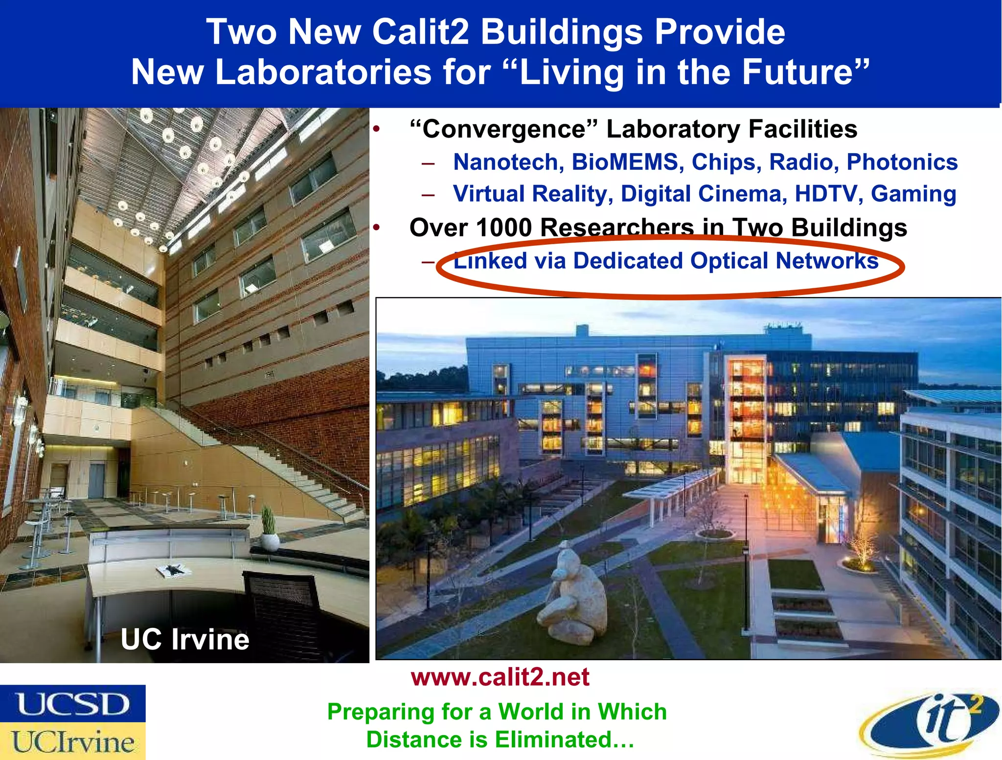Two New Calit2 Buildings Provide  New Laboratories for “Living in the Future” “ Convergence” Laboratory Facilities Nanotech, BioMEMS, Chips, Radio, Photonics Virtual Reality, Digital Cinema, HDTV, Gaming Over 1000 Researchers in Two Buildings Linked via Dedicated Optical Networks UC Irvine www.calit2.net Preparing for a World in Which  Distance is Eliminated… 
