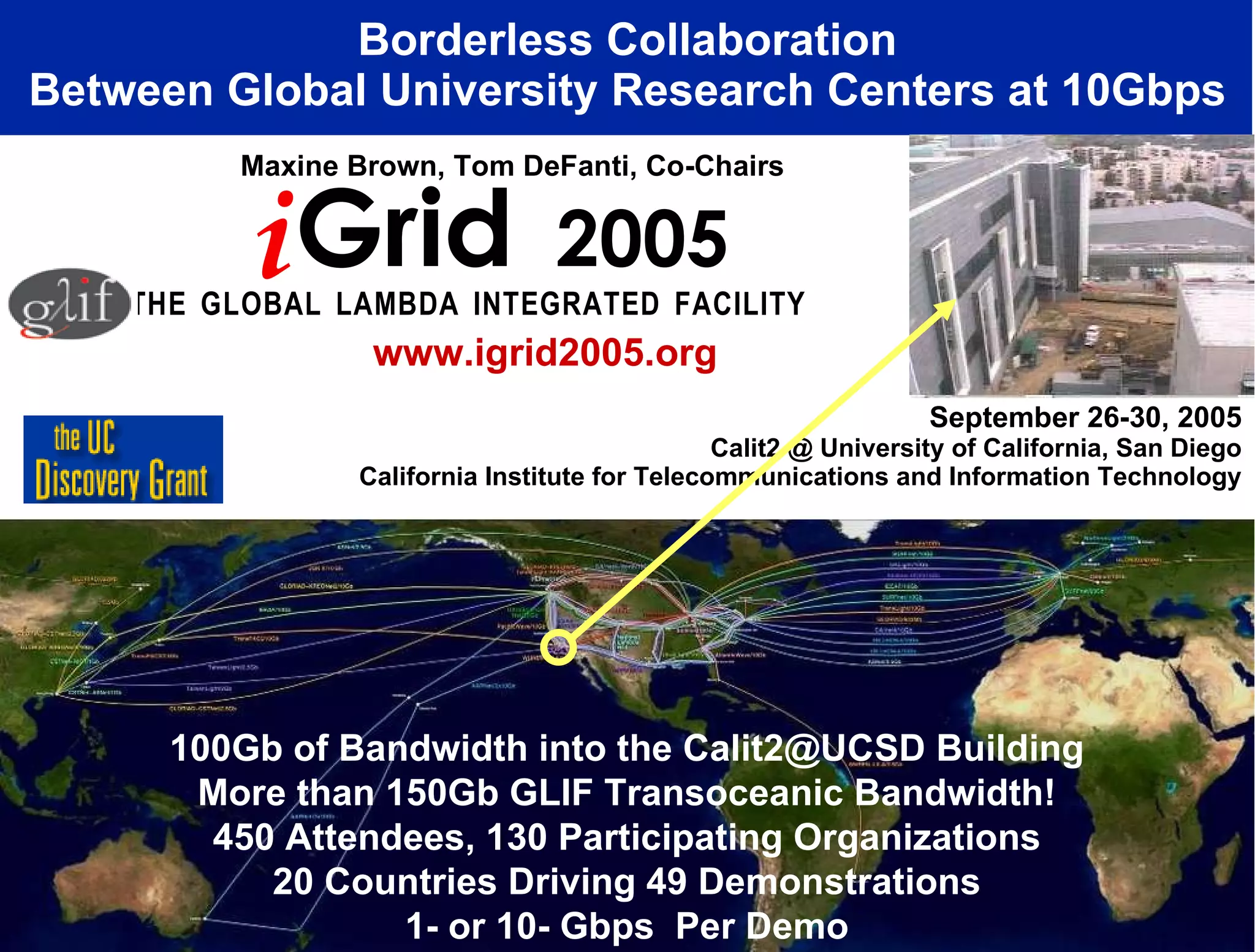 September 26-30, 2005 Calit2 @ University of California, San Diego California Institute for Telecommunications and Information Technology Borderless Collaboration Between Global University Research Centers at 10Gbps T   H   E  G   L   O   B   A   L  L   A   M   B   D   A  I   N   T   E   G   R   A   T   E   D  F   A   C   I   L   I   T   Y   Maxine Brown, Tom DeFanti, Co-Chairs www.igrid2005.org 100Gb of Bandwidth into the Calit2@UCSD Building More than 150Gb GLIF Transoceanic Bandwidth! 450 Attendees, 130 Participating Organizations 20 Countries Driving 49 Demonstrations 1- or 10- Gbps  Per Demo i Grid  2005 