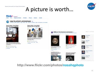 National Aeronautics and Space Administration



                                                A picture is worth…




                           http://www.flickr.com/photos/nasahqphoto
                                                                      15
 