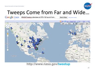National Aeronautics and Space Administration




     Tweeps Come from Far and Wide…




                                                http://www.nasa.gov/tweetup
                                                                              28
 