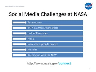 National Aeronautics and Space Administration




         Social Media Challenges at NASA
                                                Bureaucracy
                                                24/7 in a 9 to 5 work world
                                                Lack of Resources
                                                Noise
                                                Inaccuracy spreads quickly
                                                No rules
                                                Keeping up with the NEW


                                                http://www.nasa.gov/connect
                                                                              7
 