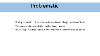 Problematic
• During reparation of satellites astronauts use a large number of tools.
• This represents an inhibition to the flow of work.
• Idea : support astronauts to better move and perform mission easier.
1
 