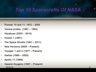 Top 10 Spacecrafts Of NASA
• Pioneer 10 and 11, 1972 – 2003
• Venera probes (1961 – 1984)
• Hayabusa (2003 – 2010)
• Vostok 1 (1961)
• The Space Shuttle (1981 – 2011)
• New Horizons (2006 – Present)
• Voyager 1 and 2 (1977 – Present)
• Galileo (1989 – 2003)
• Apollo 11 (1969)
• Cassini-Huygens (1997 – Present)
19.03.16 9
 