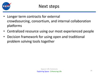 Innovation PilotsFour pilot projectsInnoCentive-  posts individual challenges/gaps to their established network of solvers (~300,000)Financial award if the solution is found viable by the posting entityYet2.com- acts as an actual technology scout bringing together buyers and sellers of technologies Option to develop partnershipsNASA@work-internal collaboration platform leveraging expertise found across NASA’s 10 centers