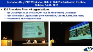 Invitation-Only PRP Workshop Held in Calit2’s Qualcomm Institute
October 14-16, 2015
• 130 Attendees From 40 organizations
– Ten UC Campuses, as well as UCOP Plus 11 Additional US Universities
– Four International Organizations (from Amsterdam, Canada, Korea, and Japan)
– Five Members of Industry Plus NSF
 