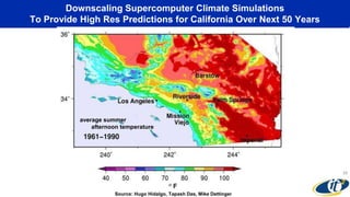 average summer
afternoon temperature
average summer
afternoon temperature
Downscaling Supercomputer Climate Simulations
To Provide High Res Predictions for California Over Next 50 Years
26
Source: Hugo Hidalgo, Tapash Das, Mike Dettinger
 