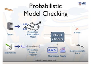 NASAC 2013,Tianjin, 9 November 2013
Probabilistic 
Model Checking
! ¬p → ◊q( )∧"( )
Model
Checker
✓
✕
State Machine!
Model
Temporal 
Property
Results
Counterexample!
Trace
System
Requirements
P=? [ ]
0.4
0.6
Quantitative Results
0.9732Probabilistic
Probabilistic
 