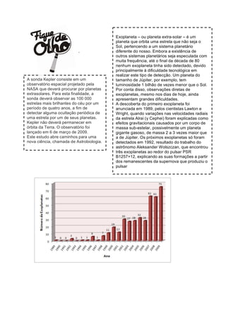 Exoplaneta – ou planeta extra-solar – é um
                                          planeta que orbita uma estrela que não seja o
                                          Sol, pertencendo a um sistema planetário
                          .               diferente do nosso. Embora a existência de
                                          outros sistemas planetários seja especulada com
                                          muita frequência, até o final da década de 80
                                          nenhum exoplaneta tinha sido detectado, devido
                                          principalmente à dificuldade tecnológica em
                                          realizar este tipo de detecção. Um planeta do
A sonda Kepler consiste em um             tamanho de Júpiter, por exemplo, tem
observatório espacial projetado pela      luminosidade 1 bilhão de vezes menor que o Sol.
NASA que deverá procurar por planetas     Por conta disso, observações diretas de
extrasolares. Para esta finalidade, a     exoplanetas, mesmo nos dias de hoje, ainda
sonda deverá observar as 100 000          apresentam grandes dificuldades.
estrelas mais brilhantes do céu por um    A descoberta do primeiro exoplaneta foi
período de quatro anos, a fim de          anunciada em 1989, pelos cientistas Lawton e
detectar alguma ocultação periódica de    Wright, quando variações nas velocidades radiais
uma estrela por um de seus planetas.      da estrela Alrai (γ Cephei) foram explicadas como
Kepler não deverá permanecer em           efeitos gravitacionais causados por um corpo de
órbita da Terra. O observatório foi       massa sub-estelar, possivelmente um planeta
lançado em 6 de março de 2009.            gigante gasoso, de massa 2 a 3 vezes maior que
Este estudo abre caminhos para uma        a de Júpiter. Os próximos exoplanetas só foram
nova ciência, chamada de Astrobiologia.   detectados em 1992, resultado do trabalho do
                                          astrônomo Aleksander Wolszczan, que encontrou
                                          três exoplanetas ao redor do pulsar PSR
                                          B1257+12, explicando as suas formações a partir
                                          dos remanescentes da supernova que produziu o
                                          pulsar
 