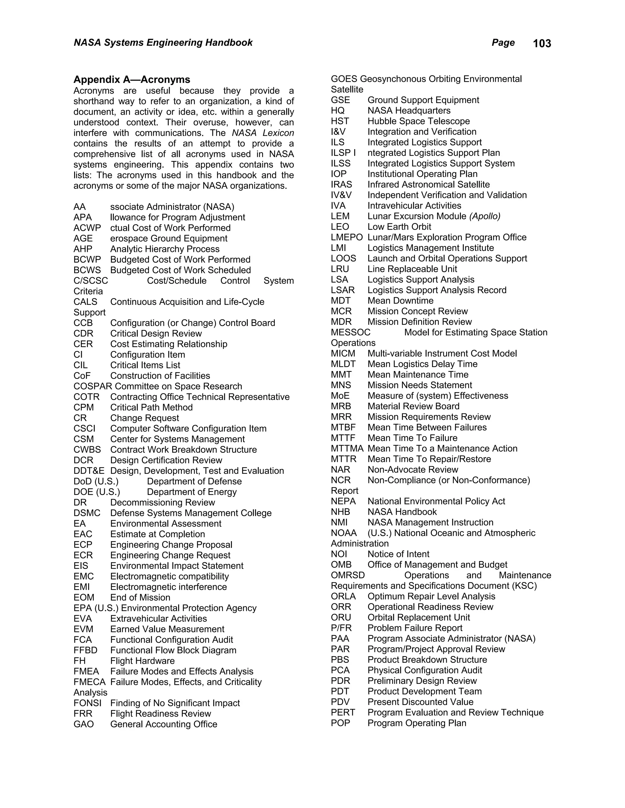 NASA Systems Engineering Handbook                                                                Page      103


Appendix A—Acronyms                                      GOES Geosynchonous Orbiting Environmental
Acronyms are useful because they provide a               Satellite
shorthand way to refer to an organization, a kind of     GSE       Ground Support Equipment
document, an activity or idea, etc. within a generally   HQ        NASA Headquarters
understood context. Their overuse, however, can          HST       Hubble Space Telescope
interfere with communications. The NASA Lexicon          I&V       Integration and Verification
contains the results of an attempt to provide a          ILS       Integrated Logistics Support
comprehensive list of all acronyms used in NASA          ILSP I ntegrated Logistics Support Plan
systems engineering. This appendix contains two          ILSS      Integrated Logistics Support System
lists: The acronyms used in this handbook and the        IOP       Institutional Operating Plan
acronyms or some of the major NASA organizations.        IRAS      Infrared Astronomical Satellite
                                                         IV&V      Independent Verification and Validation
AA       ssociate Administrator (NASA)                   IVA       Intravehicular Activities
APA      llowance for Program Adjustment                 LEM       Lunar Excursion Module (Apollo)
ACWP ctual Cost of Work Performed                        LEO       Low Earth Orbit
AGE      erospace Ground Equipment                       LMEPO Lunar/Mars Exploration Program Office
AHP      Analytic Hierarchy Process                      LMI       Logistics Management Institute
BCWP Budgeted Cost of Work Performed                     LOOS Launch and Orbital Operations Support
BCWS Budgeted Cost of Work Scheduled                     LRU       Line Replaceable Unit
C/SCSC              Cost/Schedule Control System         LSA       Logistics Support Analysis
Criteria                                                 LSAR Logistics Support Analysis Record
CALS Continuous Acquisition and Life-Cycle               MDT       Mean Downtime
Support                                                  MCR       Mission Concept Review
CCB      Configuration (or Change) Control Board         MDR       Mission Definition Review
CDR      Critical Design Review                          MESSOC               Model for Estimating Space Station
CER      Cost Estimating Relationship                    Operations
CI       Configuration Item                              MICM Multi-variable Instrument Cost Model
CIL      Critical Items List                             MLDT Mean Logistics Delay Time
CoF      Construction of Facilities                      MMT       Mean Maintenance Time
COSPAR Committee on Space Research                       MNS       Mission Needs Statement
COTR Contracting Office Technical Representative         MoE       Measure of (system) Effectiveness
CPM      Critical Path Method                            MRB       Material Review Board
CR       Change Request                                  MRR       Mission Requirements Review
CSCI     Computer Software Configuration Item            MTBF Mean Time Between Failures
CSM      Center for Systems Management                   MTTF Mean Time To Failure
CWBS Contract Work Breakdown Structure                   MTTMA Mean Time To a Maintenance Action
DCR      Design Certification Review                     MTTR Mean Time To Repair/Restore
DDT&E Design, Development, Test and Evaluation           NAR       Non-Advocate Review
DoD (U.S.)          Department of Defense                NCR       Non-Compliance (or Non-Conformance)
DOE (U.S.)          Department of Energy                 Report
DR       Decommissioning Review                          NEPA National Environmental Policy Act
DSMC Defense Systems Management College                  NHB       NASA Handbook
EA       Environmental Assessment                        NMI       NASA Management Instruction
EAC      Estimate at Completion                          NOAA (U.S.) National Oceanic and Atmospheric
ECP      Engineering Change Proposal                     Administration
ECR      Engineering Change Request                      NOI       Notice of Intent
EIS      Environmental Impact Statement                  OMB       Office of Management and Budget
EMC      Electromagnetic compatibility                   OMRSD                Operations     and    Maintenance
EMI      Electromagnetic interference                    Requirements and Specifications Document (KSC)
EOM      End of Mission                                  ORLA Optimum Repair Level Analysis
EPA (U.S.) Environmental Protection Agency               ORR       Operational Readiness Review
EVA      Extravehicular Activities                       ORU       Orbital Replacement Unit
EVM      Earned Value Measurement                        P/FR      Problem Failure Report
FCA      Functional Configuration Audit                  PAA       Program Associate Administrator (NASA)
FFBD Functional Flow Block Diagram                       PAR       Program/Project Approval Review
FH       Flight Hardware                                 PBS       Product Breakdown Structure
FMEA Failure Modes and Effects Analysis                  PCA       Physical Configuration Audit
FMECA Failure Modes, Effects, and Criticality            PDR       Preliminary Design Review
Analysis                                                 PDT       Product Development Team
FONSI Finding of No Significant Impact                   PDV       Present Discounted Value
FRR      Flight Readiness Review                         PERT Program Evaluation and Review Technique
GAO      General Accounting Office                       POP       Program Operating Plan
 