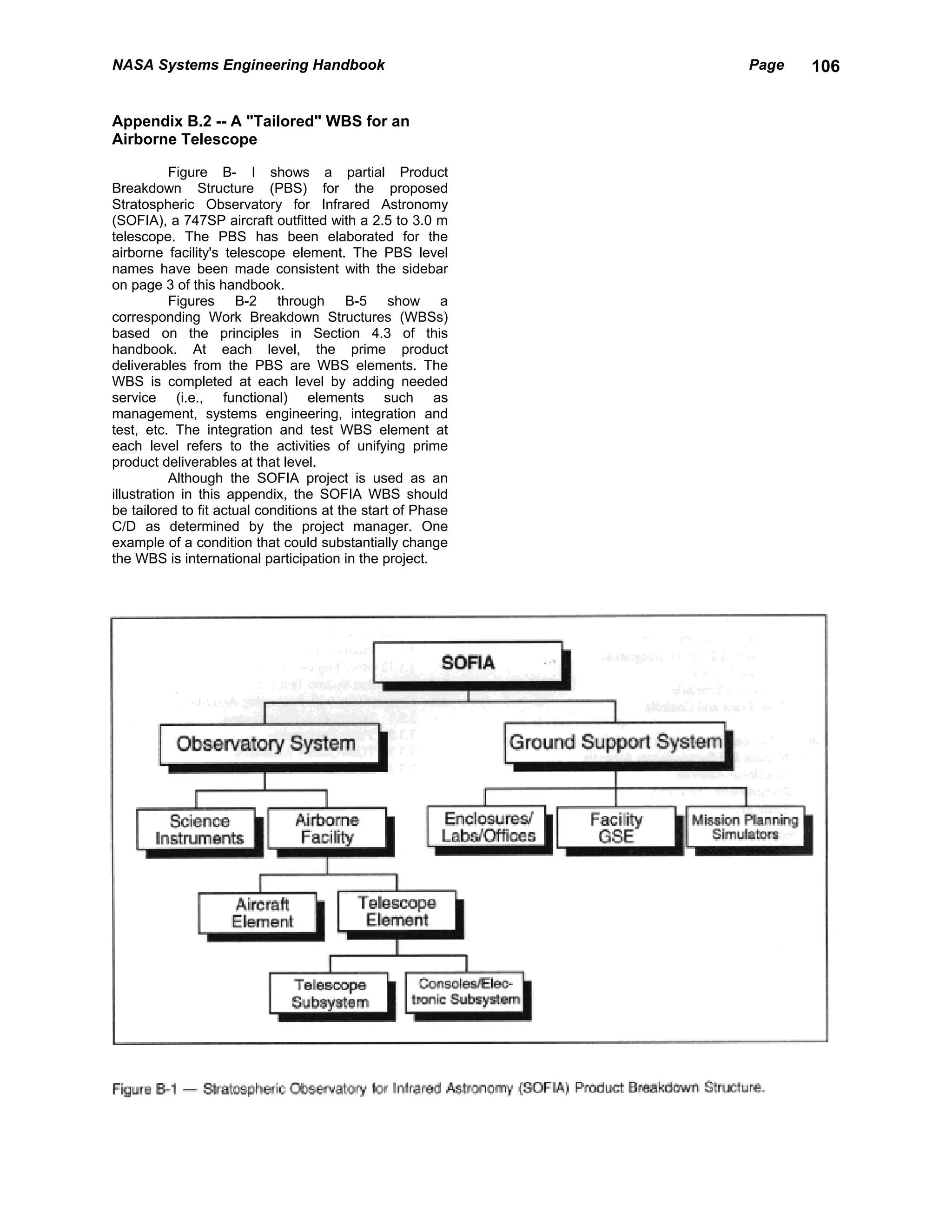 NASA Systems Engineering Handbook                            Page   106


Appendix B.2 -- A "Tailored" WBS for an
Airborne Telescope

           Figure B- I shows a partial Product
Breakdown Structure (PBS) for the proposed
Stratospheric Observatory for Infrared Astronomy
(SOFIA), a 747SP aircraft outfitted with a 2.5 to 3.0 m
telescope. The PBS has been elaborated for the
airborne facility's telescope element. The PBS level
names have been made consistent with the sidebar
on page 3 of this handbook.
           Figures B-2 through B-5 show a
corresponding Work Breakdown Structures (WBSs)
based on the principles in Section 4.3 of this
handbook. At each level, the prime product
deliverables from the PBS are WBS elements. The
WBS is completed at each level by adding needed
service (i.e., functional) elements such as
management, systems engineering, integration and
test, etc. The integration and test WBS element at
each level refers to the activities of unifying prime
product deliverables at that level.
           Although the SOFIA project is used as an
illustration in this appendix, the SOFIA WBS should
be tailored to fit actual conditions at the start of Phase
C/D as determined by the project manager. One
example of a condition that could substantially change
the WBS is international participation in the project.
 