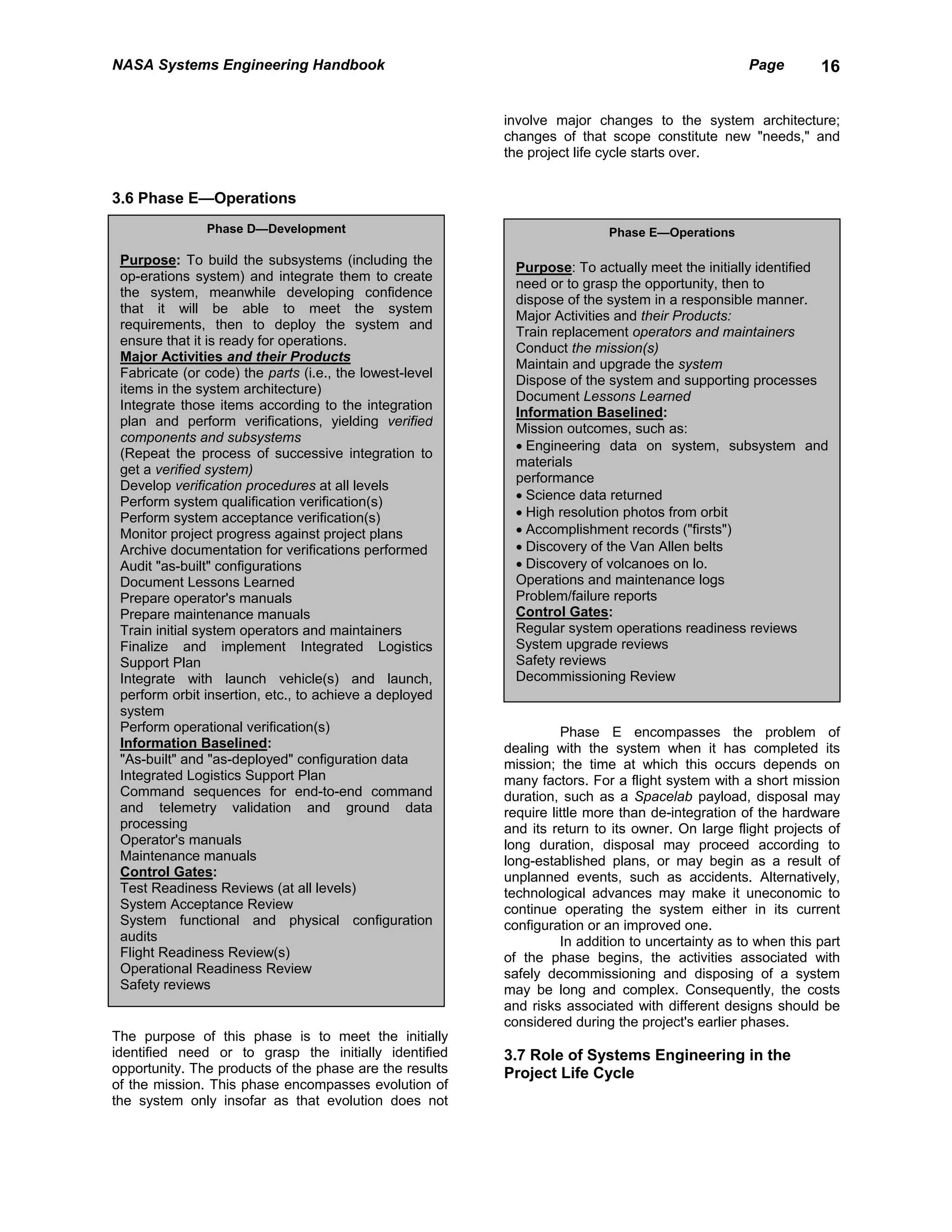 NASA Systems Engineering Handbook                                                                 Page        16


                                                         involve major changes to the system architecture;
                                                         changes of that scope constitute new "needs," and
                                                         the project life cycle starts over.


3.6 Phase E—Operations
               Phase D—Development                                        Phase E—Operations

 Purpose: To build the subsystems (including the
                                                           Purpose: To actually meet the initially identified
 op-erations system) and integrate them to create
                                                           need or to grasp the opportunity, then to
 the system, meanwhile developing confidence
                                                           dispose of the system in a responsible manner.
 that it will be able to meet the system
                                                           Major Activities and their Products:
 requirements, then to deploy the system and
                                                           Train replacement operators and maintainers
 ensure that it is ready for operations.
                                                           Conduct the mission(s)
 Major Activities and their Products
                                                           Maintain and upgrade the system
 Fabricate (or code) the parts (i.e., the lowest-level
                                                           Dispose of the system and supporting processes
 items in the system architecture)
                                                           Document Lessons Learned
 Integrate those items according to the integration
                                                           Information Baselined:
 plan and perform verifications, yielding verified
                                                           Mission outcomes, such as:
 components and subsystems
                                                           • Engineering data on system, subsystem and
 (Repeat the process of successive integration to
                                                           materials
 get a verified system)
                                                           performance
 Develop verification procedures at all levels
 Perform system qualification verification(s)              • Science data returned
 Perform system acceptance verification(s)                 • High resolution photos from orbit
 Monitor project progress against project plans            • Accomplishment records ("firsts")
 Archive documentation for verifications performed         • Discovery of the Van Allen belts
 Audit "as-built" configurations                           • Discovery of volcanoes on lo.
 Document Lessons Learned                                  Operations and maintenance logs
 Prepare operator's manuals                                Problem/failure reports
 Prepare maintenance manuals                               Control Gates:
 Train initial system operators and maintainers            Regular system operations readiness reviews
 Finalize and implement Integrated Logistics               System upgrade reviews
 Support Plan                                              Safety reviews
 Integrate with launch vehicle(s) and launch,              Decommissioning Review
 perform orbit insertion, etc., to achieve a deployed
 system
 Perform operational verification(s)                               Phase E encompasses the problem of
 Information Baselined:                                  dealing with the system when it has completed its
 "As-built" and "as-deployed" configuration data         mission; the time at which this occurs depends on
 Integrated Logistics Support Plan                       many factors. For a flight system with a short mission
 Command sequences for end-to-end command                duration, such as a Spacelab payload, disposal may
 and telemetry validation and ground data                require little more than de-integration of the hardware
 processing                                              and its return to its owner. On large flight projects of
 Operator's manuals                                      long duration, disposal may proceed according to
 Maintenance manuals                                     long-established plans, or may begin as a result of
 Control Gates:                                          unplanned events, such as accidents. Alternatively,
 Test Readiness Reviews (at all levels)                  technological advances may make it uneconomic to
 System Acceptance Review                                continue operating the system either in its current
 System functional and physical configuration            configuration or an improved one.
 audits                                                            In addition to uncertainty as to when this part
 Flight Readiness Review(s)                              of the phase begins, the activities associated with
 Operational Readiness Review                            safely decommissioning and disposing of a system
 Safety reviews                                          may be long and complex. Consequently, the costs
                                                         and risks associated with different designs should be
                                                         considered during the project's earlier phases.
The purpose of this phase is to meet the initially
identified need or to grasp the initially identified     3.7 Role of Systems Engineering in the
opportunity. The products of the phase are the results   Project Life Cycle
of the mission. This phase encompasses evolution of
the system only insofar as that evolution does not
 