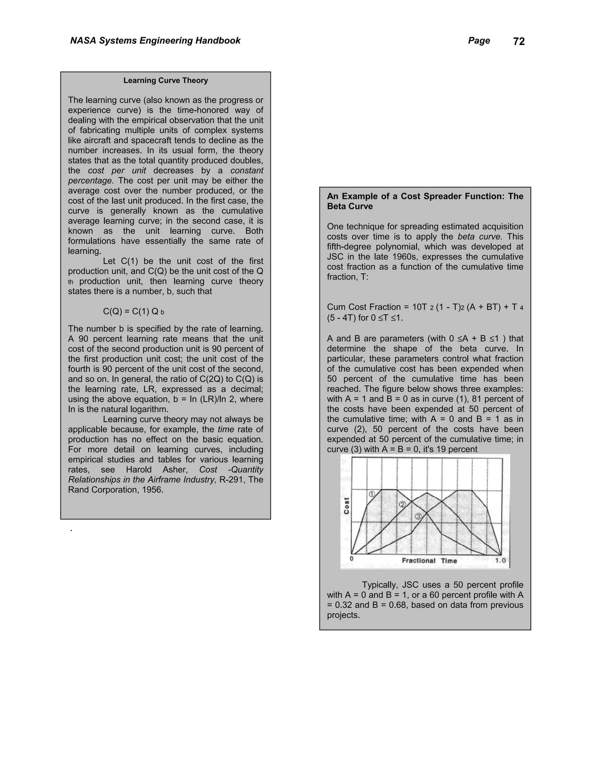 NASA Systems Engineering Handbook                                                               Page       72


               Learning Curve Theory

The learning curve (also known as the progress or
experience curve) is the time-honored way of
dealing with the empirical observation that the unit
of fabricating multiple units of complex systems
like aircraft and spacecraft tends to decline as the
number increases. In its usual form, the theory
states that as the total quantity produced doubles,
the cost per unit decreases by a constant
percentage. The cost per unit may be either the
average cost over the number produced, or the
                                                         An Example of a Cost Spreader Function: The
cost of the last unit produced. In the first case, the
                                                         Beta Curve
curve is generally known as the cumulative
average learning curve; in the second case, it is
                                                         One technique for spreading estimated acquisition
known as the unit learning curve. Both
                                                         costs over time is to apply the beta curve. This
formulations have essentially the same rate of
                                                         fifth-degree polynomial, which was developed at
learning.
          Let C(1) be the unit cost of the first         JSC in the late 1960s, expresses the cumulative
production unit, and C(Q) be the unit cost of the Q      cost fraction as a function of the cumulative time
                                                         fraction, T:
th production unit, then learning curve theory
states there is a number, b, such that

         C(Q) = C(1) Q b                                 Cum Cost Fraction = 10T    2   (1 - T)2 (A + BT) + T   4
                                                         (5 - 4T) for 0 ≤T ≤1.
The number b is specified by the rate of learning.
A 90 percent learning rate means that the unit           A and B are parameters (with 0 ≤A + B ≤1 ) that
cost of the second production unit is 90 percent of      determine the shape of the beta curve. In
the first production unit cost; the unit cost of the     particular, these parameters control what fraction
fourth is 90 percent of the unit cost of the second,     of the cumulative cost has been expended when
and so on. In general, the ratio of C(2Q) to C(Q) is     50 percent of the cumulative time has been
the learning rate, LR, expressed as a decimal;           reached. The figure below shows three examples:
using the above equation, b = In (LR)/ln 2, where        with A = 1 and B = 0 as in curve (1), 81 percent of
In is the natural logarithm.                             the costs have been expended at 50 percent of
          Learning curve theory may not always be        the cumulative time; with A = 0 and B = 1 as in
applicable because, for example, the time rate of        curve (2), 50 percent of the costs have been
production has no effect on the basic equation.          expended at 50 percent of the cumulative time; in
For more detail on learning curves, including            curve (3) with A = B = 0, it's 19 percent
empirical studies and tables for various learning
rates, see Harold Asher, Cost -Quantity
Relationships in the Airframe Industry, R-291, The
Rand Corporation, 1956.



.




                                                                   Typically, JSC uses a 50 percent profile
                                                         with A = 0 and B = 1, or a 60 percent profile with A
                                                         = 0.32 and B = 0.68, based on data from previous
                                                         projects.
 