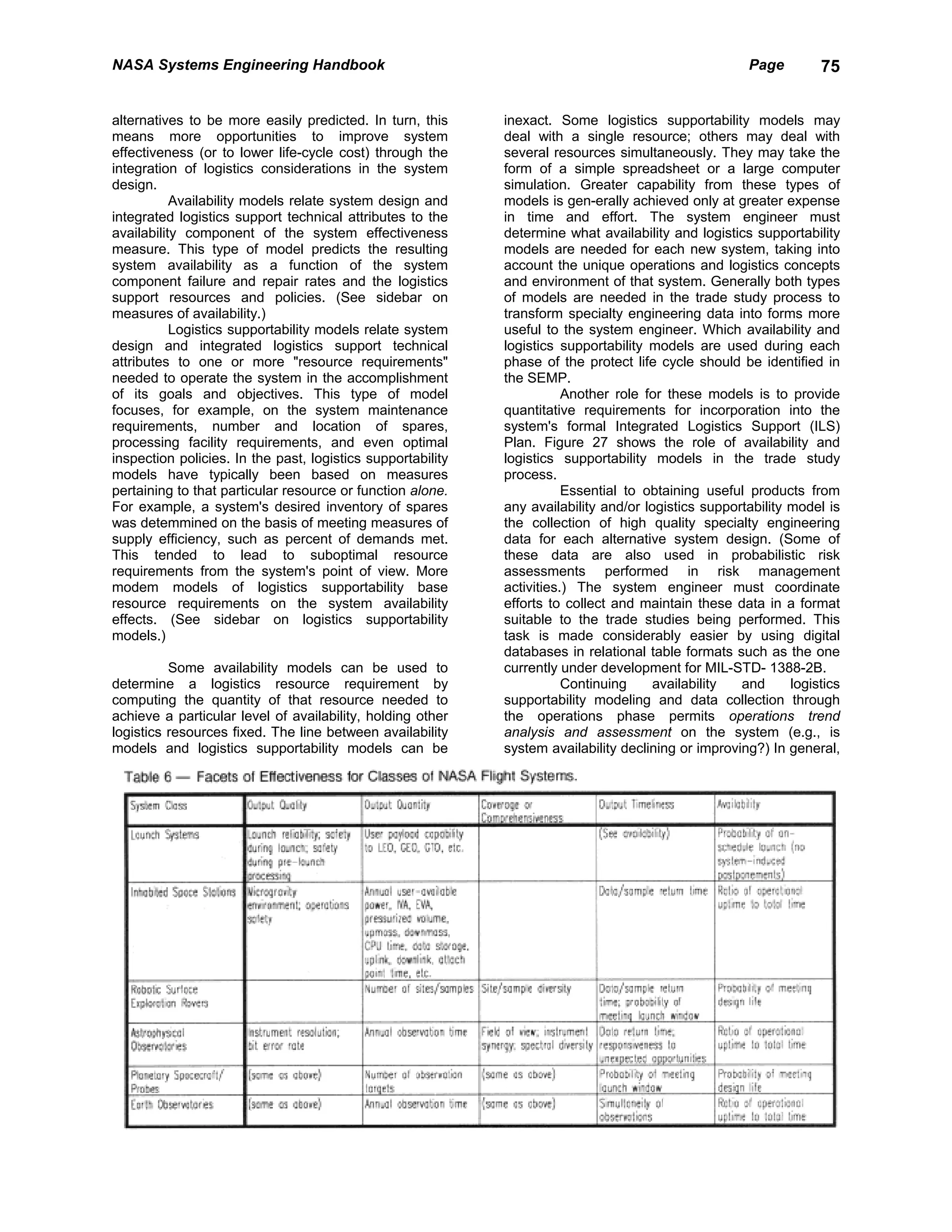 NASA Systems Engineering Handbook                                                                      Page        75


alternatives to be more easily predicted. In turn, this      inexact. Some logistics supportability models may
means more opportunities to improve system                   deal with a single resource; others may deal with
effectiveness (or to lower life-cycle cost) through the      several resources simultaneously. They may take the
integration of logistics considerations in the system        form of a simple spreadsheet or a large computer
design.                                                      simulation. Greater capability from these types of
           Availability models relate system design and      models is gen-erally achieved only at greater expense
integrated logistics support technical attributes to the     in time and effort. The system engineer must
availability component of the system effectiveness           determine what availability and logistics supportability
measure. This type of model predicts the resulting           models are needed for each new system, taking into
system availability as a function of the system              account the unique operations and logistics concepts
component failure and repair rates and the logistics         and environment of that system. Generally both types
support resources and policies. (See sidebar on              of models are needed in the trade study process to
measures of availability.)                                   transform specialty engineering data into forms more
           Logistics supportability models relate system     useful to the system engineer. Which availability and
design and integrated logistics support technical            logistics supportability models are used during each
attributes to one or more "resource requirements"            phase of the protect life cycle should be identified in
needed to operate the system in the accomplishment           the SEMP.
of its goals and objectives. This type of model                         Another role for these models is to provide
focuses, for example, on the system maintenance              quantitative requirements for incorporation into the
requirements, number and location of spares,                 system's formal Integrated Logistics Support (ILS)
processing facility requirements, and even optimal           Plan. Figure 27 shows the role of availability and
inspection policies. In the past, logistics supportability   logistics supportability models in the trade study
models have typically been based on measures                 process.
pertaining to that particular resource or function alone.               Essential to obtaining useful products from
For example, a system's desired inventory of spares          any availability and/or logistics supportability model is
was detemmined on the basis of meeting measures of           the collection of high quality specialty engineering
supply efficiency, such as percent of demands met.           data for each alternative system design. (Some of
This tended to lead to suboptimal resource                   these data are also used in probabilistic risk
requirements from the system's point of view. More           assessments performed in risk management
modem models of logistics supportability base                activities.) The system engineer must coordinate
resource requirements on the system availability             efforts to collect and maintain these data in a format
effects. (See sidebar on logistics supportability            suitable to the trade studies being performed. This
models.)                                                     task is made considerably easier by using digital
                                                             databases in relational table formats such as the one
          Some availability models can be used to            currently under development for MIL-STD- 1388-2B.
determine a logistics resource requirement by                           Continuing     availability  and      logistics
computing the quantity of that resource needed to            supportability modeling and data collection through
achieve a particular level of availability, holding other    the operations phase permits operations trend
logistics resources fixed. The line between availability     analysis and assessment on the system (e.g., is
models and logistics supportability models can be            system availability declining or improving?) In general,
 
