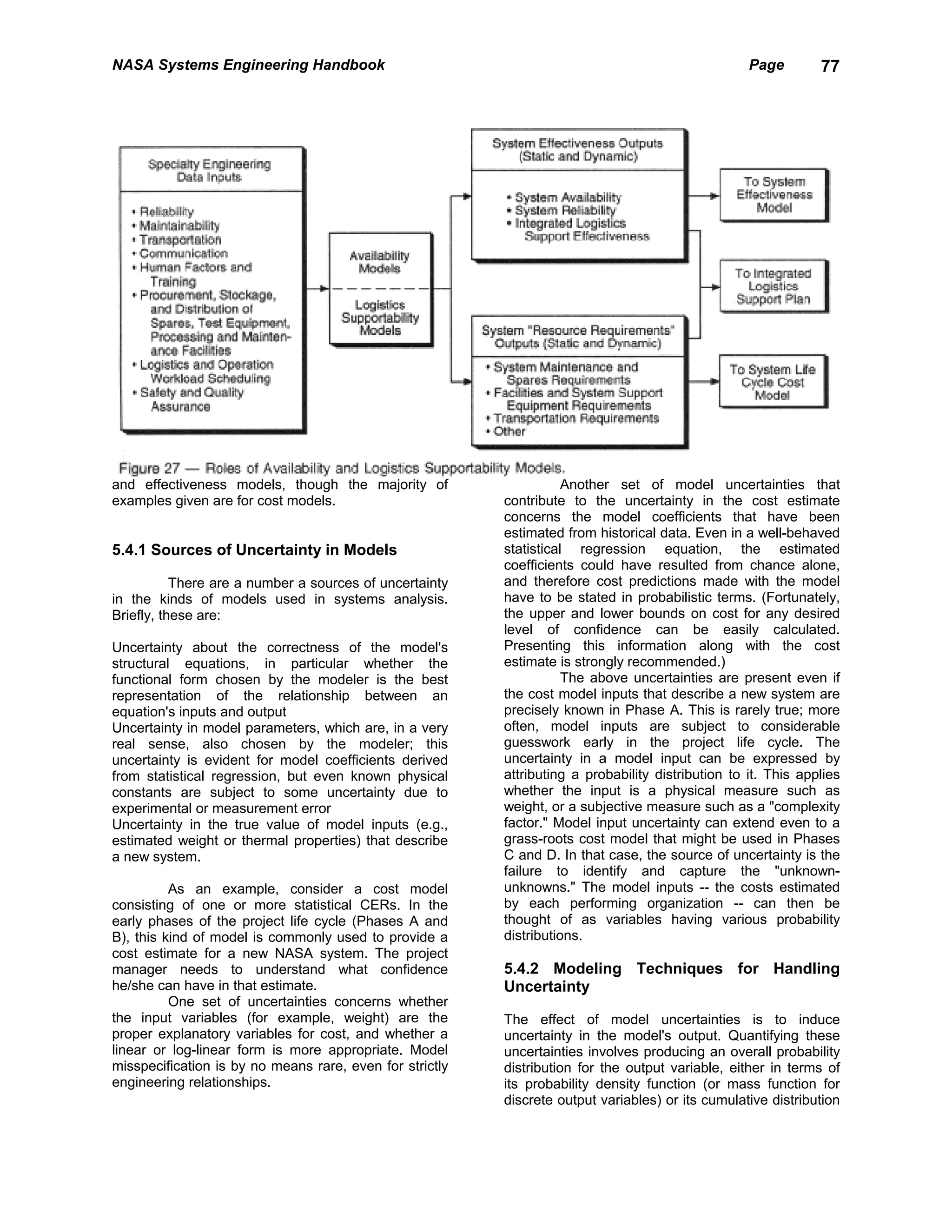 NASA Systems Engineering Handbook                                                                   Page        77




and effectiveness models, though the majority of                     Another set of model uncertainties that
examples given are for cost models.                       contribute to the uncertainty in the cost estimate
                                                          concerns the model coefficients that have been
                                                          estimated from historical data. Even in a well-behaved
5.4.1 Sources of Uncertainty in Models                    statistical regression equation, the estimated
                                                          coefficients could have resulted from chance alone,
           There are a number a sources of uncertainty    and therefore cost predictions made with the model
in the kinds of models used in systems analysis.          have to be stated in probabilistic terms. (Fortunately,
Briefly, these are:                                       the upper and lower bounds on cost for any desired
                                                          level of confidence can be easily calculated.
Uncertainty about the correctness of the model's          Presenting this information along with the cost
structural equations, in particular whether the           estimate is strongly recommended.)
functional form chosen by the modeler is the best                    The above uncertainties are present even if
representation of the relationship between an             the cost model inputs that describe a new system are
equation's inputs and output                              precisely known in Phase A. This is rarely true; more
Uncertainty in model parameters, which are, in a very     often, model inputs are subject to considerable
real sense, also chosen by the modeler; this              guesswork early in the project life cycle. The
uncertainty is evident for model coefficients derived     uncertainty in a model input can be expressed by
from statistical regression, but even known physical      attributing a probability distribution to it. This applies
constants are subject to some uncertainty due to          whether the input is a physical measure such as
experimental or measurement error                         weight, or a subjective measure such as a "complexity
Uncertainty in the true value of model inputs (e.g.,      factor." Model input uncertainty can extend even to a
estimated weight or thermal properties) that describe     grass-roots cost model that might be used in Phases
a new system.                                             C and D. In that case, the source of uncertainty is the
                                                          failure to identify and capture the "unknown-
          As an example, consider a cost model            unknowns." The model inputs -- the costs estimated
consisting of one or more statistical CERs. In the        by each performing organization -- can then be
early phases of the project life cycle (Phases A and      thought of as variables having various probability
B), this kind of model is commonly used to provide a      distributions.
cost estimate for a new NASA system. The project
manager needs to understand what confidence               5.4.2 Modeling Techniques for Handling
he/she can have in that estimate.                         Uncertainty
          One set of uncertainties concerns whether
the input variables (for example, weight) are the         The effect of model uncertainties is to induce
proper explanatory variables for cost, and whether a      uncertainty in the model's output. Quantifying these
linear or log-linear form is more appropriate. Model      uncertainties involves producing an overall probability
misspecification is by no means rare, even for strictly   distribution for the output variable, either in terms of
engineering relationships.                                its probability density function (or mass function for
                                                          discrete output variables) or its cumulative distribution
 