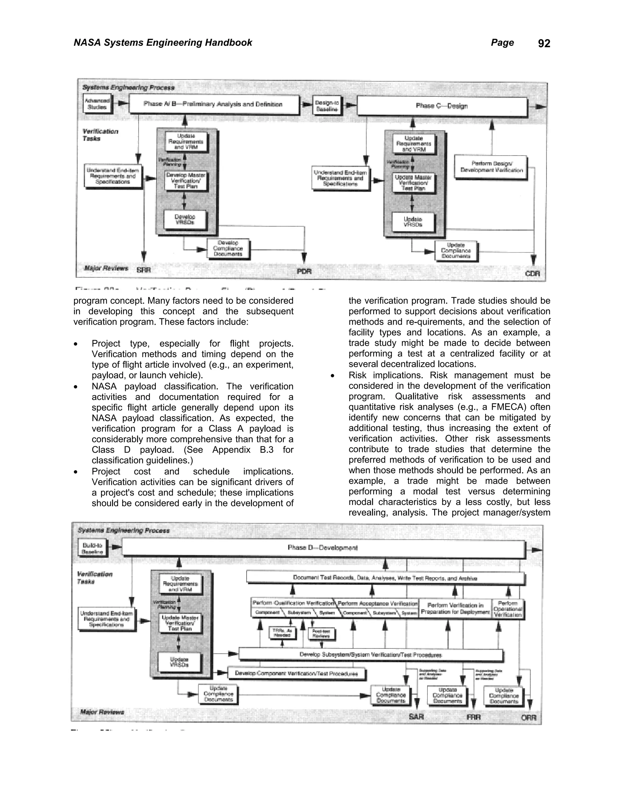 NASA Systems Engineering Handbook                                                                 Page       92




program concept. Many factors need to be considered             the verification program. Trade studies should be
in developing this concept and the subsequent                   performed to support decisions about verification
verification program. These factors include:                    methods and re-quirements, and the selection of
                                                                facility types and locations. As an example, a
•   Project type, especially for flight projects.               trade study might be made to decide between
    Verification methods and timing depend on the               performing a test at a centralized facility or at
    type of flight article involved (e.g., an experiment,       several decentralized locations.
    payload, or launch vehicle).                            •   Risk implications. Risk management must be
•   NASA payload classification. The verification               considered in the development of the verification
    activities and documentation required for a                 program. Qualitative risk assessments and
    specific flight article generally depend upon its           quantitative risk analyses (e.g., a FMECA) often
    NASA payload classification. As expected, the               identify new concerns that can be mitigated by
    verification program for a Class A payload is               additional testing, thus increasing the extent of
    considerably more comprehensive than that for a             verification activities. Other risk assessments
    Class D payload. (See Appendix B.3 for                      contribute to trade studies that determine the
    classification guidelines.)                                 preferred methods of verification to be used and
•   Project cost and schedule implications.                     when those methods should be performed. As an
    Verification activities can be significant drivers of       example, a trade might be made between
    a project's cost and schedule; these implications           performing a modal test versus determining
    should be considered early in the development of            modal characteristics by a less costly, but less
                                                                revealing, analysis. The project manager/system
 