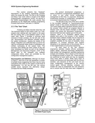 NASA Systems Engineering Handbook                                                                     Page        17


          This section presents two "idealized"                        As product development progresses, a
descriptions of the systems engineering activities          series of baselines is progressively established, each
within the project life cycle. The first is the Forsberg    of which is put under formal configuration
and Mooz "vee" chart, which is taught at the NASA           management at the time it is approved. Among the
program/project management course. me second is             fundamental purposes of configuration management
the NASA program/project life cycle process flow            is to prevent requirements from "creeping."
developed by the NASA-wide Systems Engineering                         The left side of the core of the vee is similar
Process Improvement Task team, in 1993/94.                  to the so-called "waterfall" or "requirements-driven
                                                            design" model of the product development process.
3.7.1 The "Vee" Chart                                       The control gates define significant decision points in
                                                            the process. Work should not progress beyond a
          Forsberg and Mooz describe what they call         decision point until the project manager is ready to
"the technical aspect of the project cycle" by a vee-       publish and control the documents containing the
shaped chart, starting with user needs on the upper         decisions that have been agreed upon at that point.
left and ending with a user-validated system on the         However, there is no prohibition against doing
upper right. Figure 7 provides a summary level              detailed work early in the process. In fact, detailed
overview of those activities. On the left side of the       hardware and/or software models may be required at
vee, decomposition and definition activities resolve        the very earliest stages to clarify user needs or to
the system architecture, creating the details of the        establish credibility for the claim of feasibility. Early
design. Integration and verification flow up and to the     application of involved technical and support
right as successively higher levels of subsystems are       disciplines is an essential part of this process; this is
verified, culminating at the system level. This             in fact implementation of concurrent engineering.
summary chart follows the basic outline of the vee                     At each level of the vee, systems
chart developed by NASA as part of the Software             engineering activities include off-core processes:
Management and Assurance Program. ("CIs'' in the            system design, advanced technology development,
figure refer to the hardware and software                   trade studies, risk management, specialty engineering
configuration items, which are controlled by the            analysis and modeling. This is shown on the chart as
configuration management system.)                           an orthagonal process in Figure 7(b). These activities
                                                            are performed at each level and may be repeated
Decomposition and Definition. Although not shown            many times within a phase. While many kinds of
in Figure 7, each box in the vee represents a number        studies and decisions are associated with the off-core
of parallel boxes suggesting that there may be many         activities, only decisions at the core level are put
subsystems that make up the system at that level of         under configuration management at the various
decomposition. For the top left box, the various            control gates. Off-core activities, analyses, and
parallel boxes represent the alternative design             models are used to substantiate the core decisions
concepts that are initially evaluated.                      and to ensure that the risks have been mitigated or




                                       Figure 7—Overview of the Technical kAspect of
                                       the NASA Project Cycle.
 