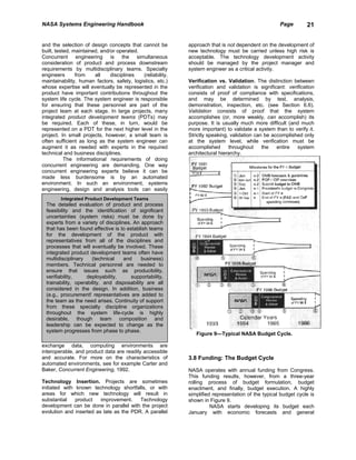 NASA Systems Engineering Handbook                                                                   Page        21


and the selection of design concepts that cannot be         approach that is not dependent on the development of
built, tested, maintained, and/or operated.                 new technology must be carried unless high risk is
Concurrent engineering is the simultaneous                  acceptable. The technology development activity
consideration of product and process downstream             should be managed by the project manager and
requirements by multidisciplinary teams. Specialty          system engineer as a critical activity.
engineers       from    all    disciplines  (reliability,
maintainability, human factors, safety, logistics, etc.)    Verification vs. Validation. The distinction between
whose expertise will eventually be represented in the       verification and validation is significant: verification
product have important contributions throughout the         consists of proof of compliance with specifications,
system life cycle. The system engineer is responsible       and may be determined by test, analysis,
for ensuring that these personnel are part of the           demonstration, inspection, etc. (see Section 6.6).
project team at each stage. In large projects, many         Validation consists of proof that the system
integrated product development teams (PDTs) may             accomplishes (or, more weakly, can accomplish) its
be required. Each of these, in turn, would be               purpose. It is usually much more difficult (and much
represented on a PDT for the next higher level in the       more important) to validate a system than to verify it.
project. In small projects, however, a small team is        Strictly speaking, validation can be accomplished only
often sufficient as long as the system engineer can         at the system level, while verification must be
augment it as needed with experts in the required           accomplished      throughout     the   entire   system
technical and business disciplines.                         architectural hierarchy.
           The informational requirements of doing
concurrent engineering are demanding. One way
concurrent engineering experts believe it can be
made less burdensome is by an automated
environment. In such an environment, systems
engineering, design and analysis tools can easily
        Integrated Product Development Teams
  The detailed evaluation of product and process
  feasibility and the identification of significant
  uncertainties (system risks) must be done by
  experts from a variety of disciplines. An approach
  that has been found effective is to establish teams
  for the development of the product with
  representatives from all of the disciplines and
  processes that will eventually be involved. These
  integrated product development teams often have
  multidisciplinary    (technical    and     business)
  members. Technical personnel are needed to
  ensure that issues such as producibility,
  verifiability,     deployability,     supportability,
  trainability, operability, and disposability are all
  considered in the design. In addition, business
  (e.g., procurement! representatives are added to
  the team as the need arises. Continuity of support
  from these specialty discipline organizations
  throughout the system life-cycle is highly
  desirable, though team composition and
  leadership can be expected to change as the
  system progresses from phase to phase.
                                                               Figure 9—Typical NASA Budget Cycle.

exchange data, computing environments are
interoperable, and product data are readily accessible
and accurate. For more on the characteristics of            3.8 Funding: The Budget Cycle
automated environments, see for example Carter and
Baker, Concurrent Engineering, 1992.                        NASA operates with annual funding from Congress.
                                                            This funding results, however, from a three-year
Technology Insertion. Projects are sometimes                rolling process of budget formulation, budget
initiated with known technology shortfalls, or with         enactment, and finally, budget execution. A highly
areas for which new technology will result in               simplified representation of the typical budget cycle is
substantial    product   improvement.    Technology         shown in Figure 9.
development can be done in parallel with the project                  NASA starts developing its budget each
evolution and inserted as late as the PDR. A parallel       January with economic forecasts and general
 