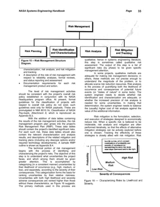 NASA Systems Engineering Handbook                                                                     Page        33




    Figure 15 -- Risk Management Structure                   qualitative; hence in systems engineering literature,
    Diagram.                                                 this step is sometimes called qualitative risk
                                                             assessment. The output of this step is a list of
                                                             significant risks (by phase) to be given specific
     characterization, risk analysis, and risk mitigation    management attention.
     and tracking                                                      In some projects, qualitative methods are
•    A description of the role of risk management with       adequate for making risk management decisions; in
     respect to reliability analyses, formal reviews,        others, these methods are not precise enough to
     and status reporting and assessment                     understand the magnitude of the problem, or to
•    Documentation requirements for each risk                allocate scarce risk reduction resources. Risk analysis
     management product and action.                          is the process of quantifying both the likelihood of
                                                             occurrence and consequences of potential future
           The level of risk management activities           events (or "states of nature" in some texts). The
should be consistent with the project's overall risk         system engineer needs to decide whether risk
policy established in conjunction with its NASA              identification and characterization are adequate, or
Headquarters program office. At present, formal              whether the increased precision of risk analysis is
guidelines for the classification of projects with           needed for some uncertainties. In making that
respect to overall risk policy do not exist; such            determination, the system engineer needs to balance
guidelines exist only for NASA payloads. These are           the (usually) higher cost of risk analysis against the
promulgated in NMI 8010.1A, Classification of NASA           value of the additional information.
Pay-loads, Attachment A, which is reproduced as
Appendix B.3.                                                          Risk mitigation is the formulation, selection,
           With the addition of data tables containing       and execution of strategies designed to economically
the results of the risk management activities, the risk      reduce risk. When a specific risk is believed to be
management program plan grows into the project's             intolerable, risk analysis and mitigation are often
Risk Management Plan (RMP). These data tables                performed iteratively, so that the effects of alternative
should contain the project's identified significant risks.   mitigation strategies can be actively explored before
For each such risk, these data tables should also            one is chosen. Tracking the effectivity of these
contain the relevant characterization and analysis           strategies is closely allied with risk mitigation. Risk
results, and descriptions of the related mitigation and
tracking plans (including any descope options and/or
required technology developments). A sample RMP
outline is shown as Appendix B.4.
           The technical portion of risk management
begins with the process of identifying and
characterizing the project's risks. The objective of this
step is to understand what uncertainties the project
faces, and which among them should be given
greater attention. This is accomplished by
categorizing (in a consistent manner) uncertainties by
their likelihood of occurrence (e.g., high, medium, or
low), and separately, according to the severity of their
consequences. This categorization forms the basis for
ranking uncertainties by their relative riskiness.
Uncertainties with both high likelihood and severely
adverse consequences are ranked higher than those
without these characteristics, as Figure 16 suggests.
The primary methods used in this process are
 
