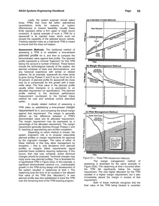 NASA Systems Engineering Handbook                                                               Page        55


          Lastly, the system engineer should select
those TPMs that must fall within well-defined
(quantitative) limits for reasons of system
effectiveness or mission feasibility. Usually these
limits represent either a firm upper or lower bound
constraint. A typical example of such a TPM for a
spacecraft is its injected mass, which must not
exceed the capability of the selected launch vehicle.
Tracking injected mass as a high-level TPM is meant
to ensure that this does not happen.

Assessment Methods. The traditional method of
assessing a TPM is to establish a time-phased
planned profile for it, and then to compare the
demonstrated value against that profile. The planned
profile represents a nominal "trajectory" for that TPM
taking into account a number of factors. These factors
include the technological maturity of the system, the
planned schedule of tests and demonstrations, and
any historical experience with similar or related
systems. As an example, spacecraft dry mass tends
to grow during Phases C and D by as much as 25 to
30 percent. A planned profile for spacecraft dry mass
may try to compensate for this growth with a lower
initial value. The final value in the planned profile
usually either intersects or is asymptotic to an
allocated requirement (or specification). The planned
profile method is the technical performance
measurement counterpart to the Earned Value
method for cost and schedule control described
earlier.
          A closely related method of assessing a
TPM relies on establishing a time-phased margin
requirement for it, and comparing the actual margin
against that requirement. The margin is generally
defined as the difference between a TPM's
demonstrated value and its allocated requirement.
The margin requirement may be expressed as a
percentage of the allocated requirement. The margin
requirement generally declines through Phases C and
D, reaching or approaching zero at their completion.
          Depending on which method is chosen, the
system engineer's role is to propose reasonable
planned profiles or margin requirements for approval
by the cognizant manager. The value of either of
these methods is that they allow management by
exception -- that is, only deviations from planned
profiles or margins below requirements signal
potential future problems requiring replanning. If this
occurs, then new cost, schedule, and/or technical
changes should be proposed. Technical changes may
imply some new planned profiles. This is illustrated for
a hypothetical TPM in Figure 22(a). In this example, a               The margin management method of
significant demonstrated variance (i.e., unanticipated     assessing is illustrated for the same example in
growth) in the TPM during design and development of        Figure 22(b). The replanning at time t occurred when
the system resulted in replanning at time t. The           the TPM fell significantly below the margin
replanning took the form of an increase in the allowed     requirement. The new higher allocation for the TPM
final value of the TPM (the "allocation"). A new           resulted in a higher margin requirement, but it also
planned profile was then established to track the TPM      immediately placed the margin in excess of that
over the remaining time of the TPM tracking program.       requirement.
                                                                     Both of these methods recognize that the
                                                           final value of the TPM being tracked is uncertain
 