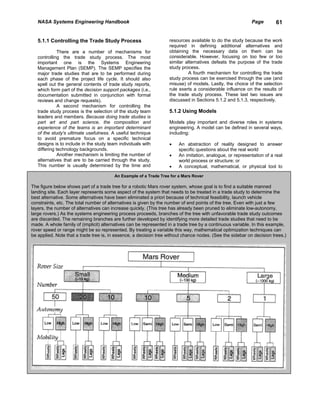 NASA Systems Engineering Handbook                                                                        Page       61


   5.1.1 Controlling the Trade Study Process                       resources available to do the study because the work
                                                                   required in defining additional alternatives and
              There are a number of mechanisms for                 obtaining the necessary data on them can be
   controlling the trade study process. The most                   considerable. However, focusing on too few or too
   important one is the Systems Engineering                        similar alternatives defeats the purpose of the trade
   Management Plan (SEMP). The SEMP specifies the                  study process.
   major trade studies that are to be performed during                      A fourth mechanism for controlling the trade
   each phase of the project life cycle. It should also            study process can be exercised through the use (and
   spell out the general contents of trade study reports,          misuse) of models. Lastly, the choice of the selection
   which form part of the decision support packages (i.e.,         rule exerts a considerable influence on the results of
   documentation submitted in conjunction with formal              the trade study process. These last two issues are
   reviews and change requests).                                   discussed in Sections 5.1.2 and 5.1.3, respectively.
              A second mechanism for controlling the
   trade study process is the selection of the study team          5.1.2 Using Models
   leaders and members. Because doing trade studies is
   part art and part science, the composition and                  Models play important and diverse roles in systems
   experience of the teams is an important determinant             engineering. A model can be defined in several ways,
   of the study's ultimate usefulness. A useful technique          including:
   to avoid premature focus on a specific technical
   designs is to include in the study team individuals with        •    An abstraction of reality designed to answer
   differing technology backgrounds.                                    specific questions about the real world
              Another mechanism is limiting the number of          •    An imitation, analogue, or representation of a real
   alternatives that are to be carried through the study.               world process or structure; or
   This number is usually determined by the time and               •    A conceptual, mathematical, or physical tool to

                                         An Example of a Trade Tree for a Mars Rover

The figure below shows part of a trade tree for a robotic Mars rover system, whose goal is to find a suitable manned
landing site. Each layer represents some aspect of the system that needs to be treated in a trade study to determine the
best alternative. Some alternatives have been eliminated a priori because of technical feasibility, launch vehicle
constraints, etc. The total number of alternatives is given by the number of end points of the tree. Even with just a few
layers, the number of alternatives can increase quickly. (This tree has already been pruned to eliminate low-autonomy,
large rovers.) As the systems engineering process proceeds, branches of the tree with unfavorable trade study outcomes
are discarded. The remaining branches are further developed by identifying more detailed trade studies that need to be
made. A whole family of (implicit) alternatives can be represented in a trade tree by a continuous variable. In this example,
rover speed or range might be so represented. By treating a variable this way, mathematical optimization techniques can
be applied. Note that a trade tree is, in essence, a decision tree without chance nodes. (See the sidebar on decision trees.)
 