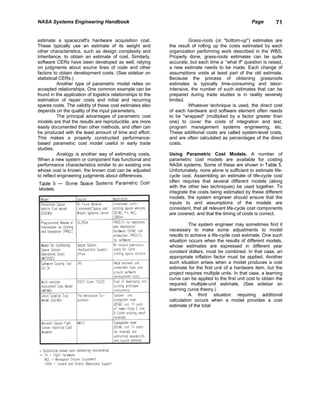 NASA Systems Engineering Handbook                                                                     Page        71


estimate a spacecraft's hardware acquisition cost.                    Grass-roots (or "bottom-up") estimates are
These typically use an estimate of its weight and            the result of rolling up the costs estimated by each
other characteristics, such as design complexity and         organization performing work described in the WBS.
inheritance, to obtain an estimate of cost. Similarly,       Properly done, grass-roots estimates can be quite
software CERs have been developed as well, relying           accurate, but each time a `'what if" question is raised,
on judgments about source lines of code and other            a new estimate needs to be made. Each change of
factors to obtain development costs. (See sidebar on         assumptions voids at least part of the old estimate.
statistical CERs.)                                           Because the process of obtaining grassroots
           Another type of parametric model relies on        estimates is typically time-consuming and labor-
accepted relationships. One common example can be            intensive, the number of such estimates that can be
found in the application of logistics relationships to the   prepared during trade studies is in reality severely
estimation of repair costs and initial and recurring         limited.
spares costs. The validity of these cost estimates also               Whatever technique is used, the direct cost
depends on the quality of the input parameters.              of each hardware and software element often needs
           The principal advantages of parametric cost       to be "wrapped" (multiplied by a factor greater than
models are that the results are reproducible, are more       one) to cover the costs of integration and test,
easily documented than other methods, and often can          program management systems engineering, etc.
be produced with the least amount of time and effort.        These additional costs are called system-level costs,
This makes a properly constructed performance-               and are often calculated as percentages of the direct
based parametric cost model useful in early trade            costs.
studies.
           Analogy is another way of estimating costs.       Using Parametric Cost Models. A number of
When a new system or component has functional and            parametric cost models are available for costing
performance characteristics similar to an existing one       NASA systems. Some of these are shown in Table 5.
whose cost is known, the known cost can be adjusted          Unfortunately, none alone is sufficient to estimate life-
to reflect engineering judgments about differences.          cycle cost. Assembling an estimate of life-cycle cost
                                                             often requires that several different models (along
                                                             with the other two techniques) be used together. To
                                                             integrate the costs being estimated by these different
                                                             models, the system engineer should ensure that the
                                                             inputs to and assumptions of the models are
                                                             consistent, that all relevant life-cycle cost components
                                                             are covered, and that the timing of costs is correct.

                                                                       The system engineer may sometimes find it
                                                             necessary to make some adjustments to model
                                                             results to achieve a life-cycle cost estimate. One such
                                                             situation occurs when the results of different models,
                                                             whose estimates are expressed in different year
                                                             constant dollars, must be combined. In that case, an
                                                             appropriate inflation factor must be applied. Another
                                                             such situation arises when a model produces a cost
                                                             estimate for the first unit of a hardware item, but the
                                                             project requires multiple units. In that case, a learning
                                                             curve can be applied to the first unit cost to obtain the
                                                             required multiple-unit estimate. (See sidebar on
                                                             learning curve theory.)
                                                                       A third situation requiring additional
                                                             calculation occurs when a model provides a cost
                                                             estimate of the total
 