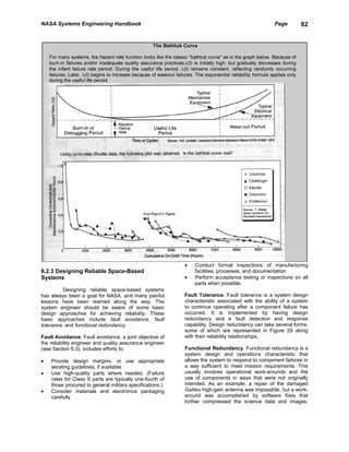 NASA Systems Engineering Handbook                                                                Page       82




                                                          •   Conduct formal inspections of manufacturing
6.2.3 Designing Reliable Space-Based                          facilities, processes, and documentation
Systems                                                   •   Perform acceptance testing or inspections on all
                                                              parts when possible.
          Designing reliable space-based systems
has always been a goal for NASA, and many painful         Fault Tolerance. Fault tolerance is a system design
lessons have been reamed along the way. The               characteristic associated with the ability of a system
system engineer should be aware of some basic             to continue operating after a component failure has
design approaches for achieving reliability. These        occurred. It is implemented by having design
basic approaches include fault avoidance, fault           redundancy and a fault detection and response
tolerance, and functional redundancy.                     capability. Design redundancy can take several forms,
                                                          some of which are represented in Figure 29 along
Fault Avoidance. Fault avoidance, a joint objective of    with their reliability relationships.
the reliability engineer and quality assurance engineer
(see Section 6.3), includes efforts to:                   Functional Redundancy. Functional redundancy is a
                                                          system design and operations characteristic that
•   Provide design margins, or use appropriate            allows the system to respond to component failures in
    aerating guidelines, if available                     a way sufficient to meet mission requirements. This
•   Use high-quality parts where needed. (Failure         usually involves operational work-arounds and the
    rates for Class S parts are typically one-fourth of   use of components in ways that were not originally
    those procured to general military specifications.)   intended. As an example, a repair of the damaged
•   Consider materials and electronics packaging          Galileo high-gain antenna was impossible, but a work-
    carefully                                             around was accomplished by software fixes that
                                                          further compressed the science data and images;
 