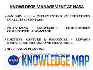 j p l . n a s a . g o v
KNOWLDEGE MANAGEMENT AT NASA
29
 JANUARY 2000 – IMPLEMENTING KM INITIATIVES
IN ALL ITS 10 CENTRES.
 PRIVATIZING KNOWLEDGE COMPROMISES
COMPETITIVE ADVANTAGE.
 IDENTIFY, CAPTURE & RECOGNIZE – REWARD
KNOWLEDGE SHARING AND MENTORING.
 SUCCESSION PLANNING.
 
