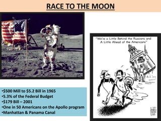 RACE TO THE MOON
•$500 Mill to $5.2 Bill in 1965
•5.3% of the Federal Budget
•$179 Bill – 2001
•One in 50 Americans on the...