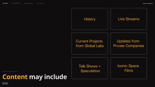 Iconic Space
Films
naSA x parsons
may 2023
LEO WEEK LEO EXHIBITION LEO IMMERSIVE Leo Launch
Content may include
History Live Streams
Current Projects
from Global Labs
Updates from
Private Companies
Talk Shows +
Speculation
 