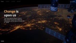 naSA x parsons
may 2023
Change is
upon us
The International Space Station
(ISS), which houses the National
Laboratory, will be decommissioned
in ~2030
Context Flourishing Prototypes Conclusion
 