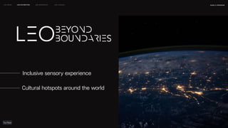 Inclusive sensory experience
Cultural hotspots around the world
naSA x parsons
may 2023
LEO WEEK LEO EXHIBITION LEO IMMERSIVE Leo Launch
 