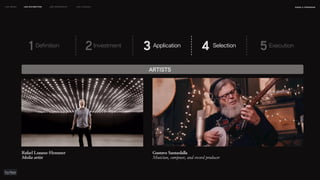 Rafael Lozano-Hemmer
Media artist
Gustavo Santaolalla
Musician, composer, and record producer
naSA x parsons
may 2023
LEO WEEK LEO EXHIBITION LEO IMMERSIVE Leo Launch
Definition
1 Investment
2 Application
3 Selection
4 5
ARTISTS
Execution
 