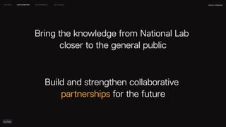 Bring the knowledge from National Lab
closer to the general public
naSA x parsons
may 2023
LEO WEEK LEO EXHIBITION LEO IMMERSIVE Leo Launch
Build and strengthen collaborative
partnerships for the future
Bring the knowledge from National Lab
 