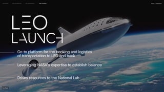may 2023
LEO WEEK LEO EXHIBITION LEO IMMERSIVE Leo Launch naSA x parsons
Drives resources to the National Lab
Leveraging NASA's expertise to establish balance
Go-to platform for the booking and logistics
of transportation to LEO and back
 